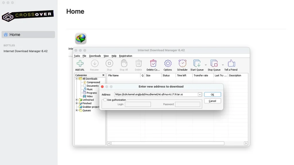 اسکرین‌شات IDM روی CrossOver مک
